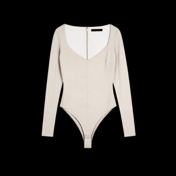 Cream Ivory White Vegan Leather Bodysuit S Long Sleeve Sweetheart Bridal Winter - Picture 1 of 9